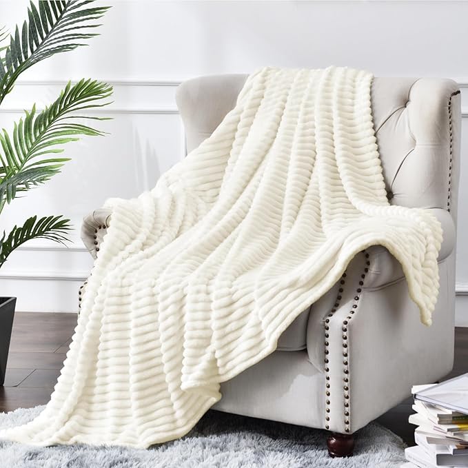 BEDELITE Fleece Throw Blanket for Couch – 3D Ribbed Jacquard Soft and Warm Decorative Fuzzy Blanket – Cozy, Fluffy, Plush Lightweight Cream Throw Blankets for Bed, Sofa, 50x70 inches