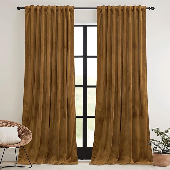 RYB HOME Gold Brown Velvet Curtains, Light Blocking, Energy Saving, Vintage Retro Decor, Privacy Vertical Fall Autumn Curtains for Bedroom Living Room Dining Room, W52 x L84 inches, 2 Panels