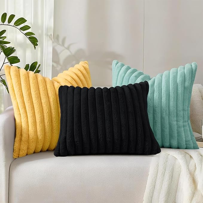 decorUhome Summer Cozy Faux Fur Throw Pillow Covers 16x16 Set of 2 Decorative Soft Plush Striped Modern Farmhouse Boho Couch Pillow Cases with Velvet Back for Sofa Bed Living Room, Mustard Yellow