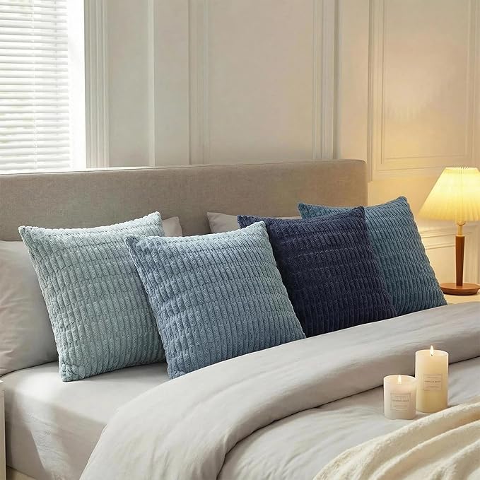 Fancy Homi Set of 4 Blue Decorative Throw Pillow Covers 14x14 Inch for Couch Bed Chair, Modern Farmhouse Boho Room Decor, Soft Fuzzy Corduroy Textured Striped Coastal Blue Cushion Case 35cm