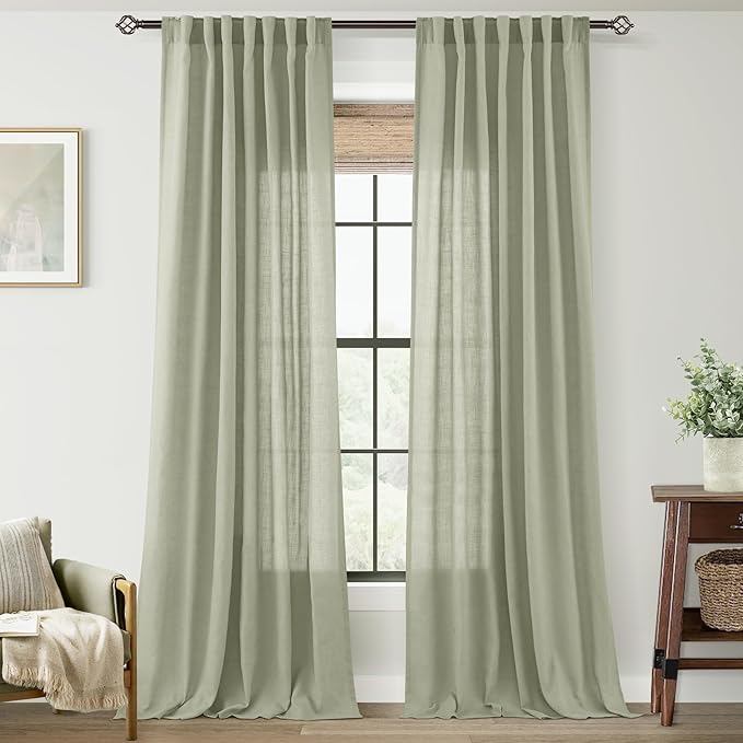 Linen Blend Sage Green Curtains 108 inch Length 2 Panels for Bedroom Back Tab Light Filtering Semi Sheer Drapes Linen Cotton Textured Light Green Airy Modern Farmhouse Living Room Sage Aesthetic Decor