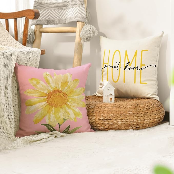 AVOIN colorlife Home Sweet Home Spring Summer Flowers Pink Throw Pillow Covers, 16 x 16 Inch White Cushion Case for Sofa Couch Set of 4