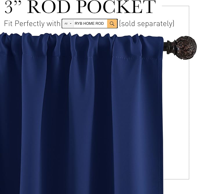 RYB HOME Short Blackout Curtains for Bedroom, Room Darkening Insulated Summer Heat Light UV Blocking Energy Saving Drapes for Nursery, Width 34 by Length 45, Marine Blue, Set of 2