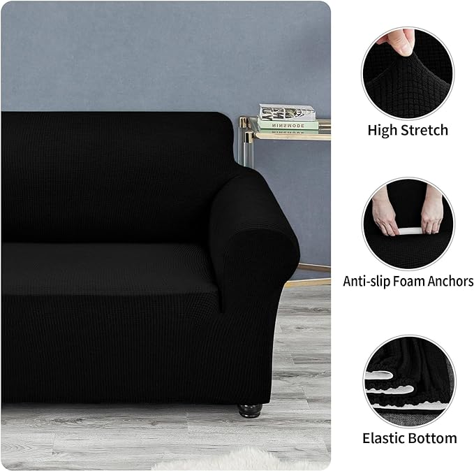 Joccun Stretch Couch Cover Slipcovers, 1-Piece Sofa Covers for 3 Cushion Couch Spandex Jacquard Washable Furniture Protector Cover for Living Room,Kids,Pets(Sofa,Black)