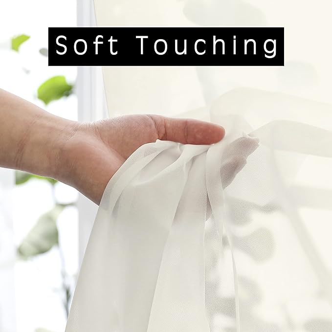 OWENIE Ivory Sheer Valance for Kitchen Windows Set of 2, Small Modern Rod Pocket Voile Valance Curtain Window Treatment Decor for Living Room Bathroom Cafe Laundry Basement, 42" W x 14" L