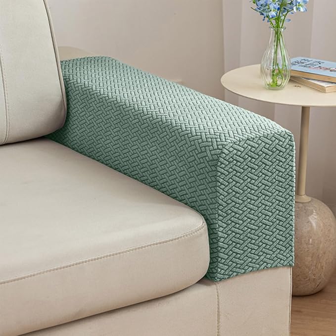 2Pcs Couch Arm Covers, Armrest Cover for Sofa, Sofa Arms Covers Washable Arms with Twist Pins Soft,Skin-Friendly for Pets (Texture Green, Armrest Cover)