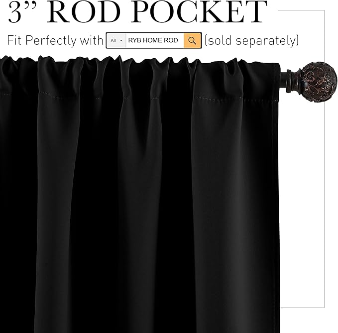 RYB HOME Cafe Blackout Curtains 24 inch Length, RV Curtains for Camper Windows, Mini Short Small Insulating Light UV Heat Blocking Privacy Half Window Tiers, Width 29 by Length 24, Black, 2 Panels