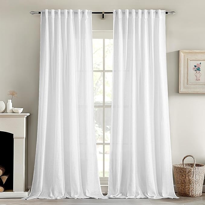 MIULEE White Linen Curtains 100 Inch Long 2 Panels for Bedroom Living Room, Soft Thick Linen Textured Back Tab Window Drapes Semi Sheer Light Filtering Rod Pocket Modern Farmhouse Decor