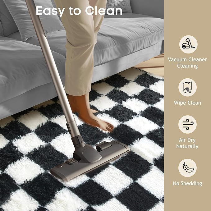 Ophanie Checkered Black & White Rug for Living Room Bedroom, Fluffy Soft Cute Fuzzy Area Rugs, Shag Plush Shaggy Bedside Floor 6x9 Furry Carpet for Kids Baby Teen Dorm Nursery Home Decor Aesthetic