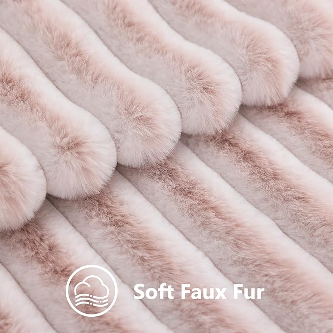 decorUhome Summer Cozy Faux Fur Throw Pillow Covers 12x20 Set of 2 Decorative Soft Plush Striped Lumbar Modern Farmhouse Boho Couch Pillow Cases with Velvet Back for Sofa Bed Living Room, Pink White