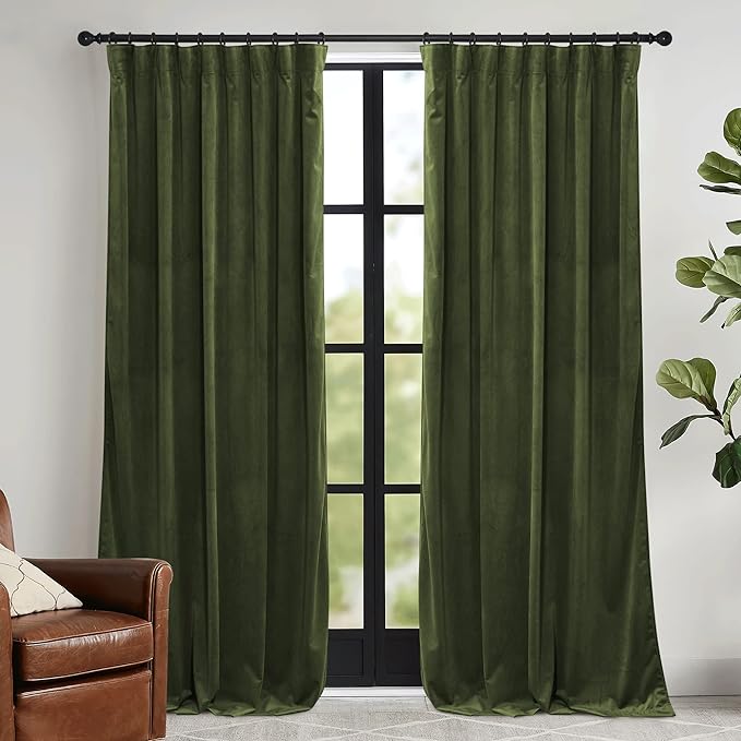 RYB HOME Olive Green Velvet Curtains with Hook Tape, Thermal Insulated Privacy Protect Decorative Drapes for Sliding Glass Door, W 62 x L 90 inches, 2 Panels Set