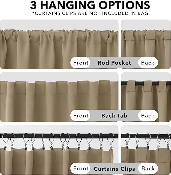 Deconovo Solid Back Tab and Rod Pocket Curtains Thermal Insulated Blackout Window Curtains for Kitchen 52Wx54L Inch Khaki 2 Panels