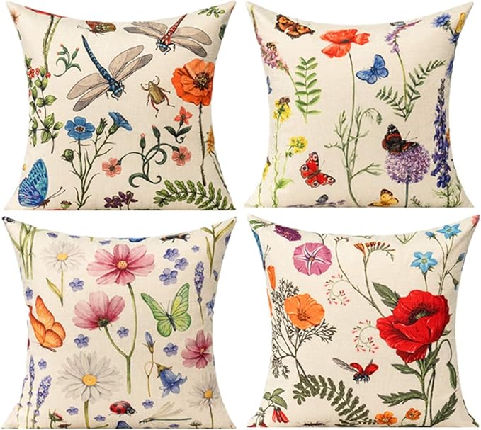 All Smiles Outdoor Patio Throw Pillow Covers 20x20 Set of 4 Spring Summer Garden Flowers Farmhouse Décor Outside Furniture Bench Chair Decorative Cushion Cases for Swing Deep Seat Bed Couch Sofa