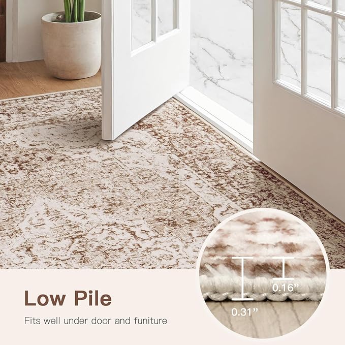 Lofus 4x6 Area Rugs for Living Room, Washable Area Rug, Rugs for Bedroom, Kitchen, Vintage Boho Carpet, Soft Non-Slip, Low Pile Large Area Rug for Office Dining Room, Vintage Beige Brown