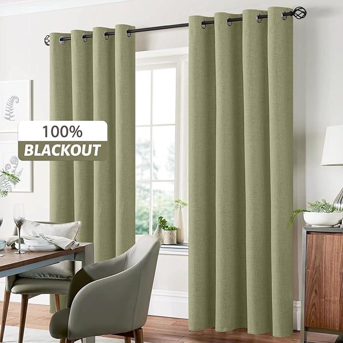 Yakamok Linen Sage Curtains 100% Blackout 84 Inches Long,Room Darkening Textured Drapes for Living Room Thermal Grommet Bedroom Curtains 2 Panels with Greyish White Liner
