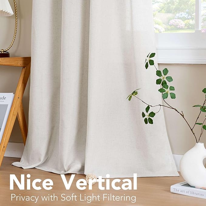 H.VERSAILTEX Natural Linen Grommet Curtains 84 Inch Length for Living Room 2 Panel Drape Semi Sheer Neutral Country Rustic Farmhouse Boho Curtain Bedroom Muslin Look Light Filtering, Heathered Natural