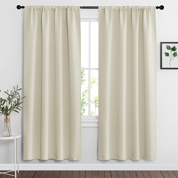 RYB HOME Curtains for Bedroom Living Room 63 inches Long, Thermal Insulated Privacy Rod Pocket Drapes for Nursery Office Home Theater, Width 42 by Length 63, Beige, 2 Panels
