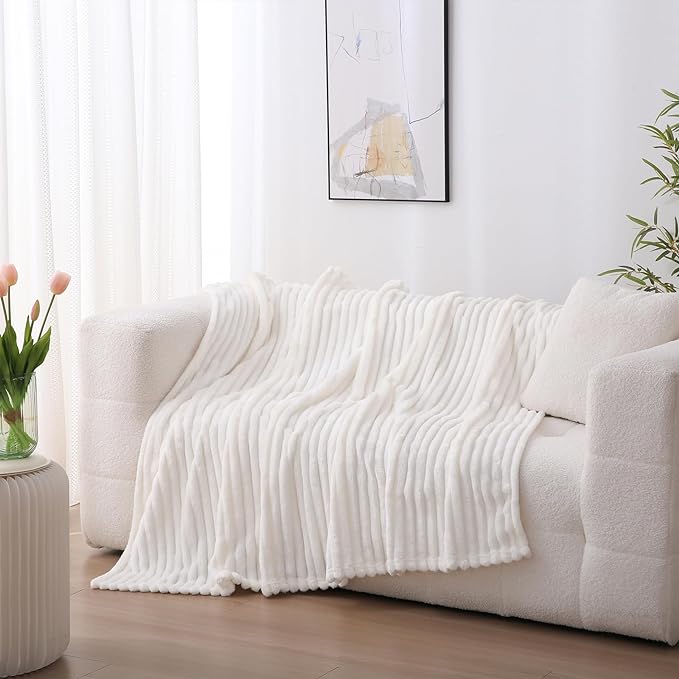 Cream White Fleece Throw Blanket 60”×80” for Couch Sofa Bed,Super Soft Cozy Plush Microfiber Flannel Blanket with Stripes Design Lightweight for Adults,Woman,Girls