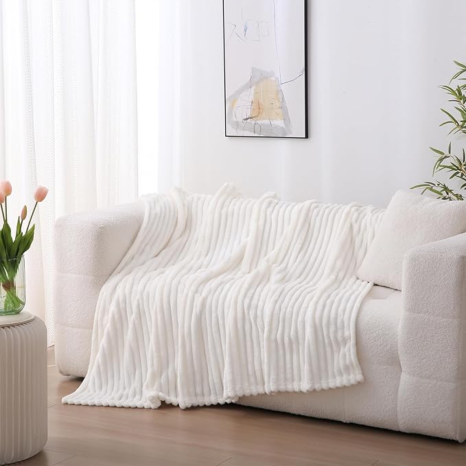 Cream White Fleece Throw Blanket 50”×60” for Couch Sofa Bed,Super Soft Cozy Plush Microfiber Flannel Blanket with Stripes Design Lightweight for Adults,Woman,Girls