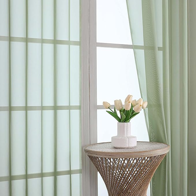 OWENIE Sage Green Sheer Curtains, Sheer Curtains 96 inches Long 2 Panels Set, Rod Pocket Voile Fimly Sheer Drapes for Living Room/Bedroom, 2pcs, Each 59" W x 96" L