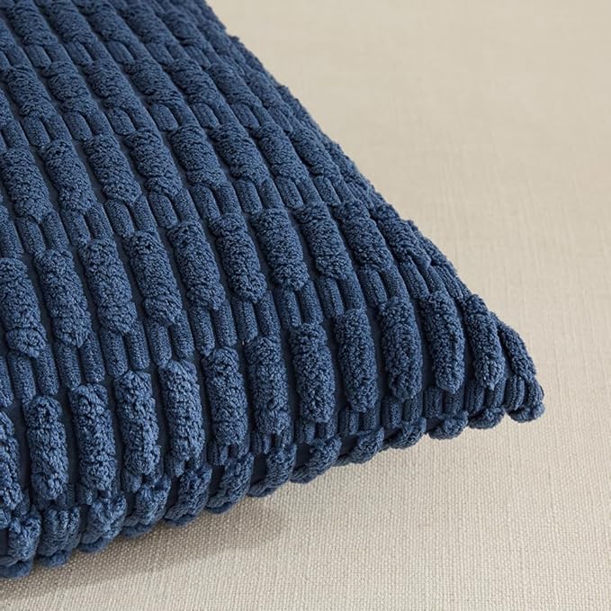 Fancy Homi 4 Packs Dusty Blue Decorative Throw Pillow Covers 14x14 Inch for Living Room Couch Bed Sofa, Rustic Farmhouse Boho Home Decor, Soft Plush Striped Corduroy Square Cushion Case 35x35 cm