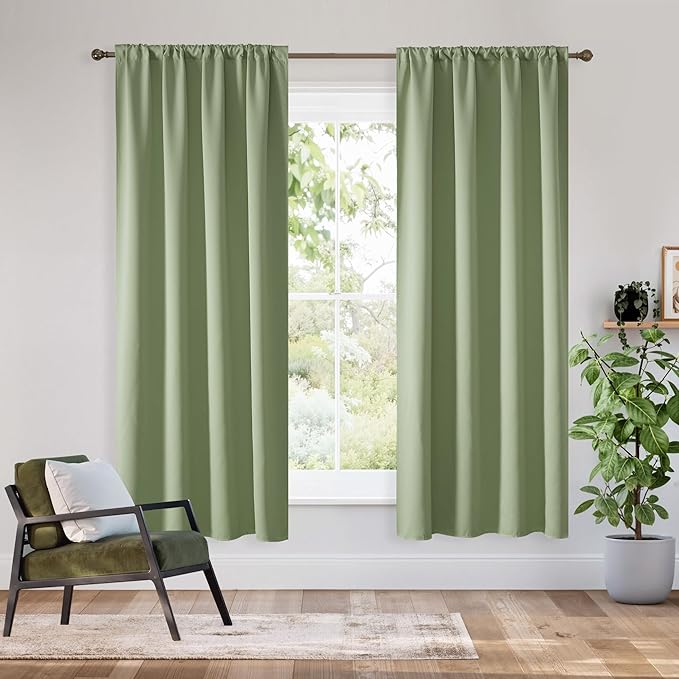 RYB HOME Bedroom Blackout Curtains 63 inches Long, 100% Blackout Thermal Insulated Noise Reducing Curtains for Living Room Nursury, 62 inches Wide by 63 inches Long, Sage Green