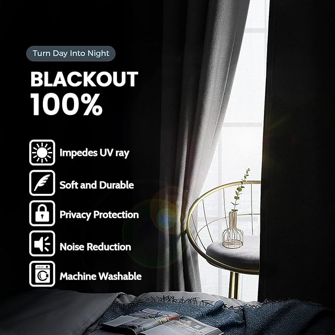 SimpleHome 100% Blackout Curtains for Bedroom,Thermal Insulated Grommet Window Drapes Room Darkening Grey Curtains for Living Room with Black Back,52 x 63 Inch,2 Panels