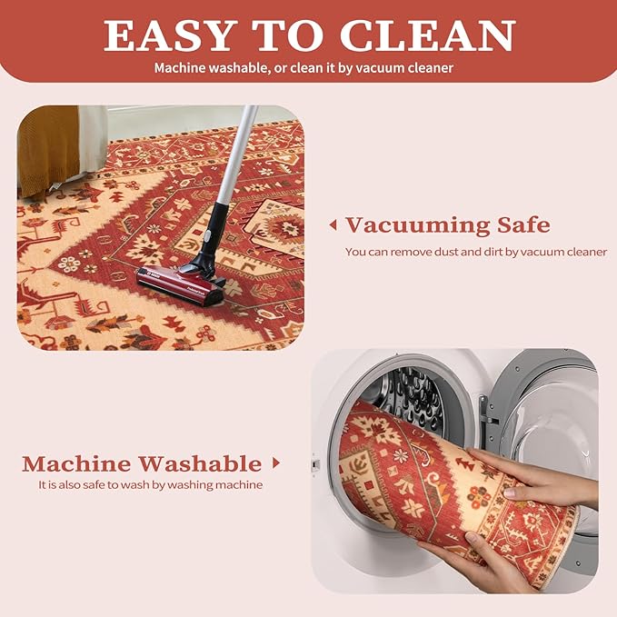 SERISSA Washable Rugs 8x10 Area Rugs, Large Non-Slip Boho Living Room Rug, Ultra Soft Oriental Vintage Red Print Distressed Carpet for Dining Room Bedroom Dorm Office Home Decor