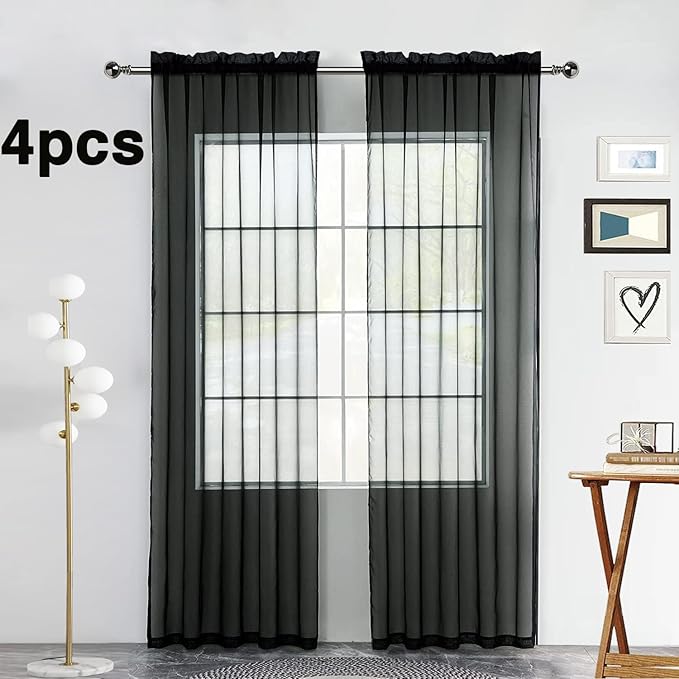 SpaceDresser Black Sheer Curtains 4 Panels Rod Pocket Semi-Sheer Curtain 45 Inches Long Light Filtering Voile Window Drapes for Bedroom Living Room Kitchen, Each 52W x 45L