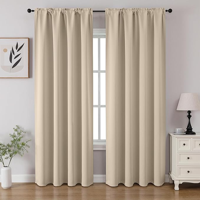 CUCRAF Light Beige Blackout Curtains 84 inch Length 2 Panels Set, Rod Pocket Room Darkening Drapes for Bedroom Living Room, Insulated Thermal Light Blocking Window Curtain (W52 x L84 Inch)