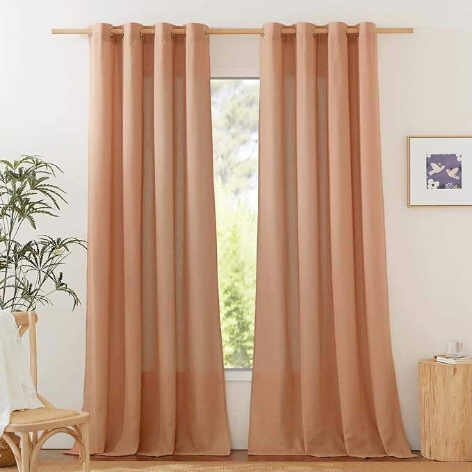 NICETOWN Linen Flax Semi Sheer Curtains 92" Length, Grommet Window Treatments Privacy Added with Light Penetration Vertical Drapes for Loft/Home Office, Burnt Orange, W55 x L92, 2 Panels