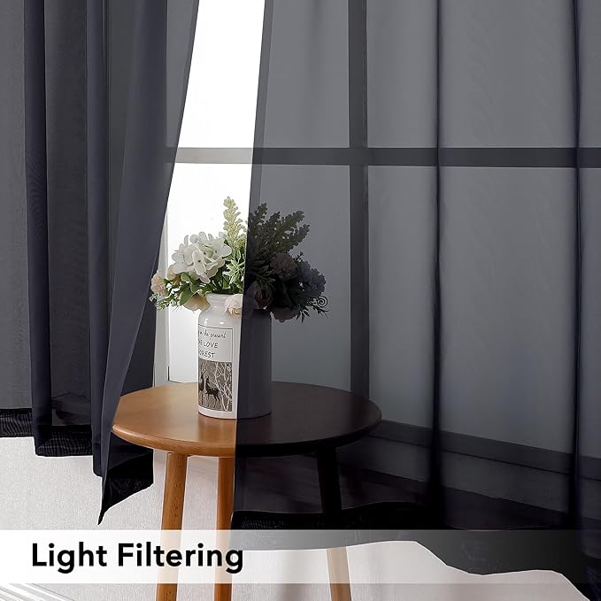 Simplebrand Rod Pocket Top Solid Voile Sheer Curtains for Bedroom, 54 Inch Length Drapes Set of 2, Lightweight and Light Filtering Elegant Black Curtains Panels Window Treatment, 42W×54L, Black