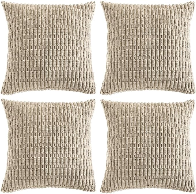 Fancy Homi 4 Packs Taupe Decorative Throw Pillow Covers 24x24 Inch for Living Room Couch Bed, Rustic Modern Farmhouse Boho Home Decor, Soft Plush Corduroy Cute Square Accent Cushion Case 60x60 cm