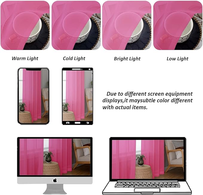Chyhomenyc Sheer Hot Pink Curtains 90 inches Long 2 Panels, Light Filtering Soft Airy Solid Elegant Voile Window Treatment Drapes for Bedroom Living Room, 42Wx90L Inches