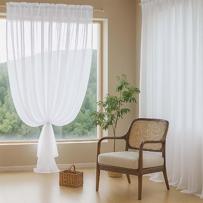White Sheer Curtains for Window 72 inches Long 2 Panels Set, Soft Airy Modern Light Filtering Sheer Curtains for Living Room Bedroom, Dual Rod Pocket Solid Window Drapes, 2x42Wx72L inches