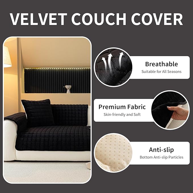 Velvet Couch Cover, Plush Sectional Sofa Cover Washable, Anti Slip Sofa Slipcover for Armrest & Backrest, Furniture Protector Covers for Pets & Kids(1PC, Black, 35.4"×35.4", Single Seater)