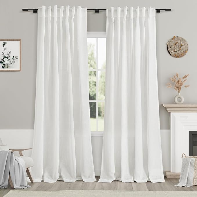 Extra Long White Linen Curtains 102 Inches Long 2 Panels Set for Living Room Back Tab Modern Farmhouse Decor Cotton Textured White Sheer Linen Curtain 102 Inch Length for Large Window 70x102