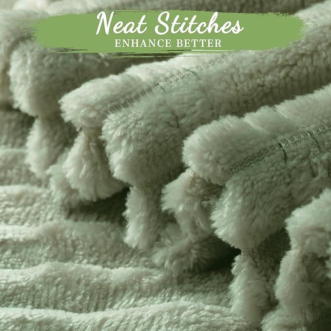 Buryeah 12 Pcs Flannel Throw Blanket Bulk 50 x 60 Inch Wedding Throw Blanket Soft Lightweight Winter Blankets with Striped Ribbed for Sofa Room Couch Donation Homeless Gifts (Sage Green)
