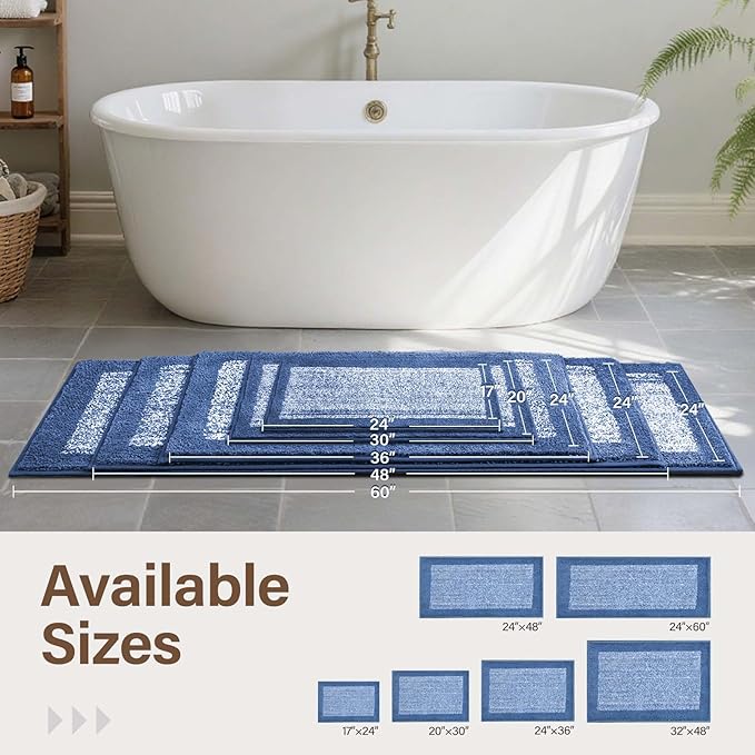 36x24 Large Bathroom Rugs Washable Non Slip, Blue Bath Mat for Bathroom Floor Tub, Soft Absorbent Quick Dry Mats for Shower, Bathtub,Home Decor