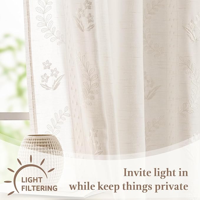 jinchan Belrose Linen Floral Kitchen Curtains 24 inch Length Embroidered Farmhouse Cafe Curtains for Living Room Bathroom Small Windows Curtain Set Sheer Light Filtering 2 Panels White