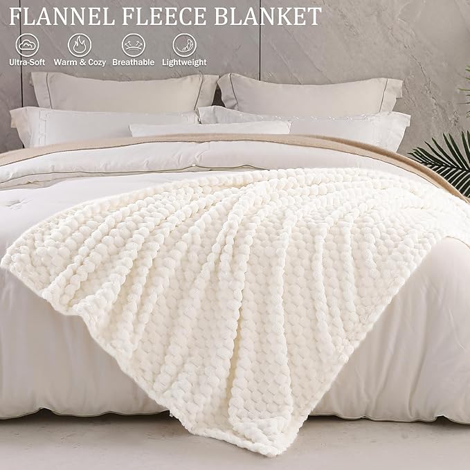 Exclusivo Mezcla Fleece Queen Blanket for Bed, Extra Large Fuzzy Ivory Bed Blankets, Soft Cozy Plush Sofa Throws for All Seasons, 90x90 Inches