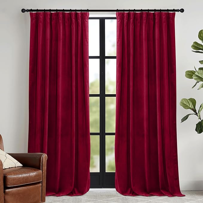 RYB HOME Red Velvet Curtains 84 inches- Room Darkening Curtains Heavy Duty Christmas Backdrops Window Drapes for Living Room Stage Party Decor, Width 52 x Length 96 inch, Red, 2 Panels