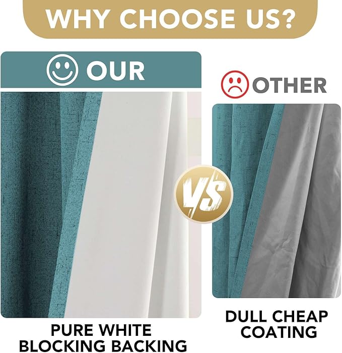 H.VERSAILTEX Linen Blackout Curtains 108 Inches Long 100% Absolutely Blackout Thermal Insulated Textured Linen Look Curtain Draperies Anti-Rust Grommet, Energy Saving with White Liner, 2 Panels, Teal