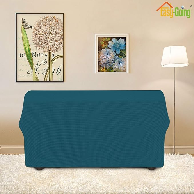 Easy-Going Stretch Loveseat Slipcover 1-Piece Sofa Cover Furniture Protector Couch Soft with Elastic Bottom for Kids Polyester Spandex Jacquard Fabric Small Checks (Loveseat, Peacock Blue)