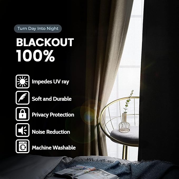 SimpleHome 100% Blackout Curtains for Bedroom,Thermal Insulated Beige Grommet Window Drapes Room Darkening Curtains for Living Room with Black Back,42 x 54 Inch,2 Panels
