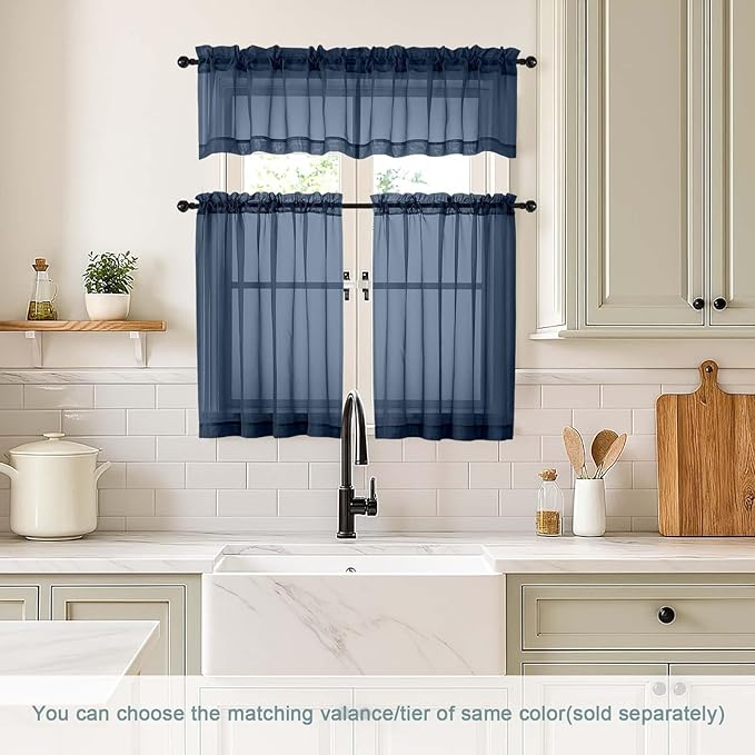 Navy Blue Small Sheer Curtains 2 Panels Set, Kitchen Curtains 36 Inch Length, Elegant Light Filtering Short Window Drapes for Living Room Bedroom, Dual Rod Pocket Design, 2x42Wx36L Inches