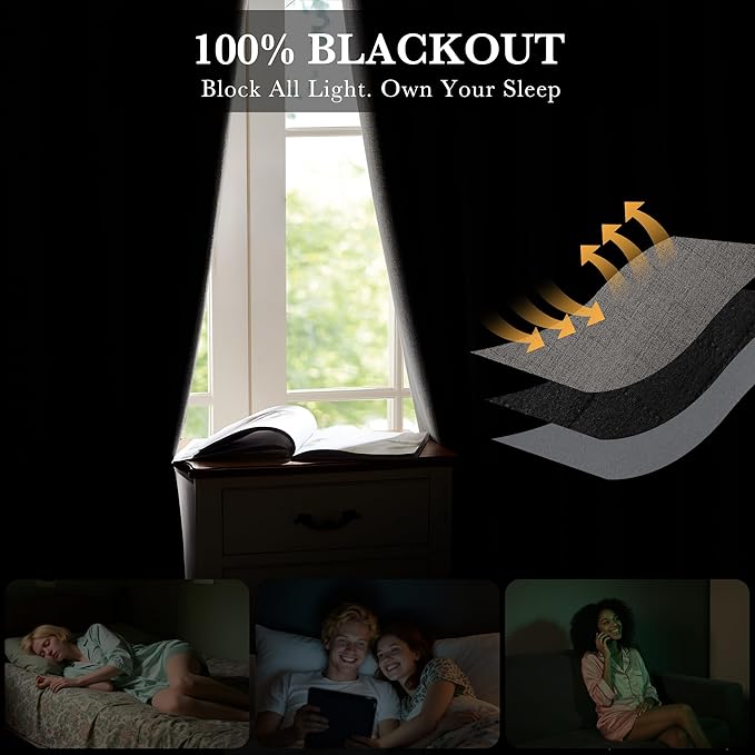 RYB HOME Grey 100% Blackout Short Curtains 52 Width 45 inch Length, Light Blocking & Thermal Insulated Curtains for Kitchen/Small Window/Bathroom/Basement, 2 Panels