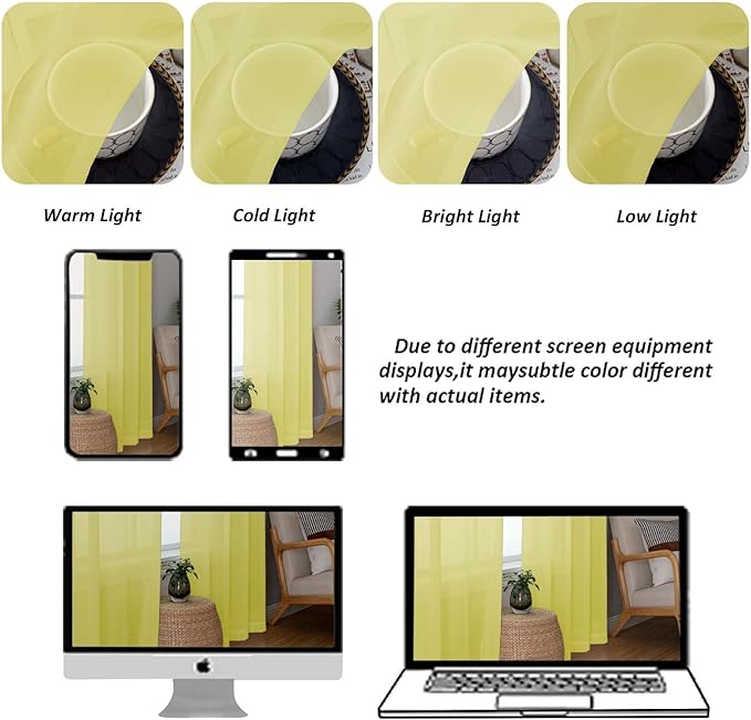 Chyhomenyc Sheer Curtains 108 Inch Length 2 Panels Set, Extra Long Light Filtering Solid Voile Window Drapes for Living Room Bedroom, 42Wx108L, 9FT Length, Set of 2, Lemon