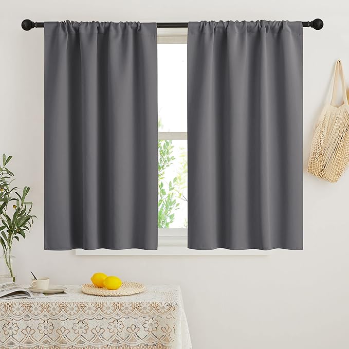 RYB HOME Short Blackout Curtains for Bedroom, Room Darkening Insulated Summer Heat Light UV Blocking Energy Saving Drapes for Nursery, Width 42 by Length 48, Grey, Set of 2