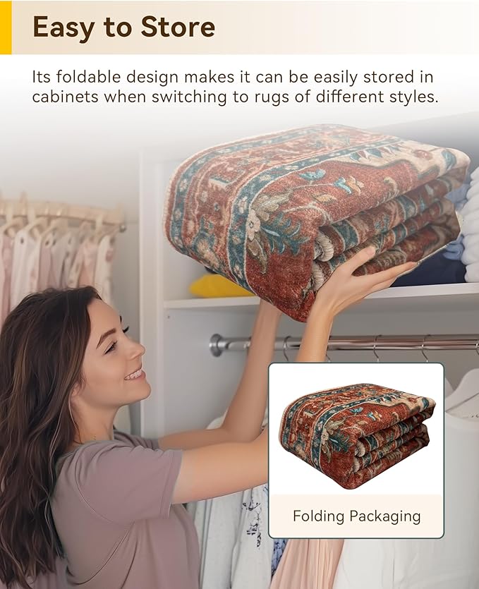 Area Rugs Round 8ft Washable Non-Slip, Floral Vintage Distress Print Pattern Medallion Carpet for Living Room Bedroom Dining Room, Red Orange Blue Brown